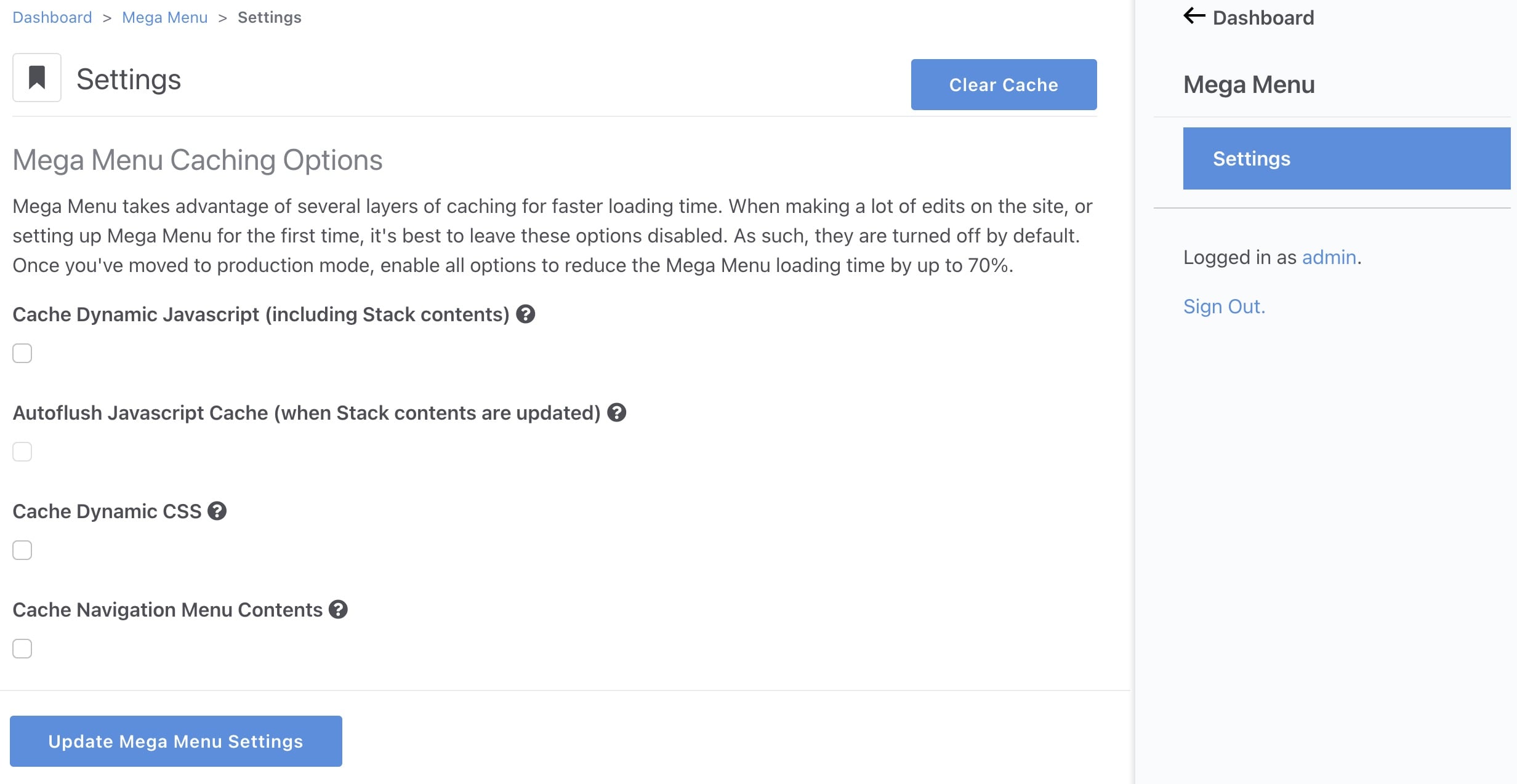 Dashboard settings for Mega Menu